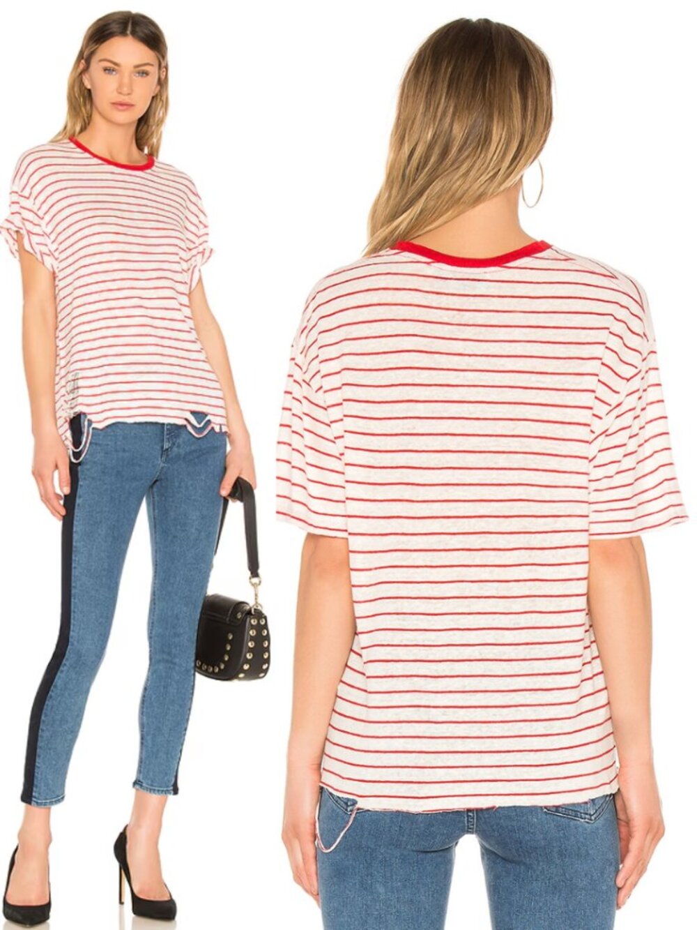 IRO Stripe 100% Linen Distressed Ripped Conah Crewneck Tee